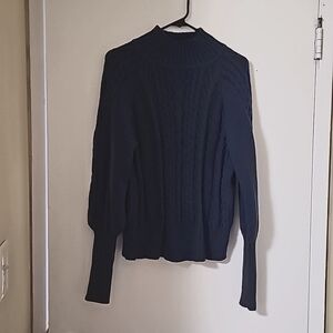 Mock neck cable knit sweater, blue steel color, small, slouchy, poet sleeve